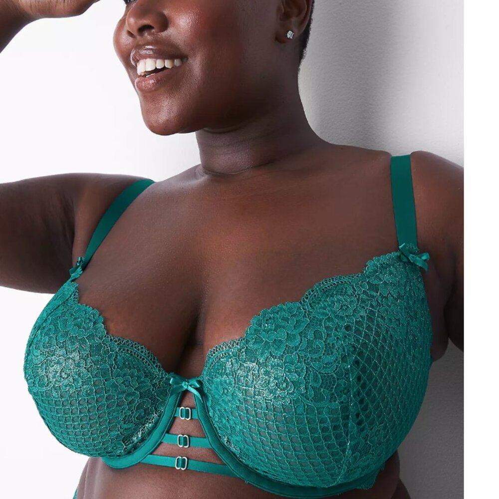 Cacique Unlined Balconette Bra Golf Foil Lace Shimmer Cage front U Back sz 48C